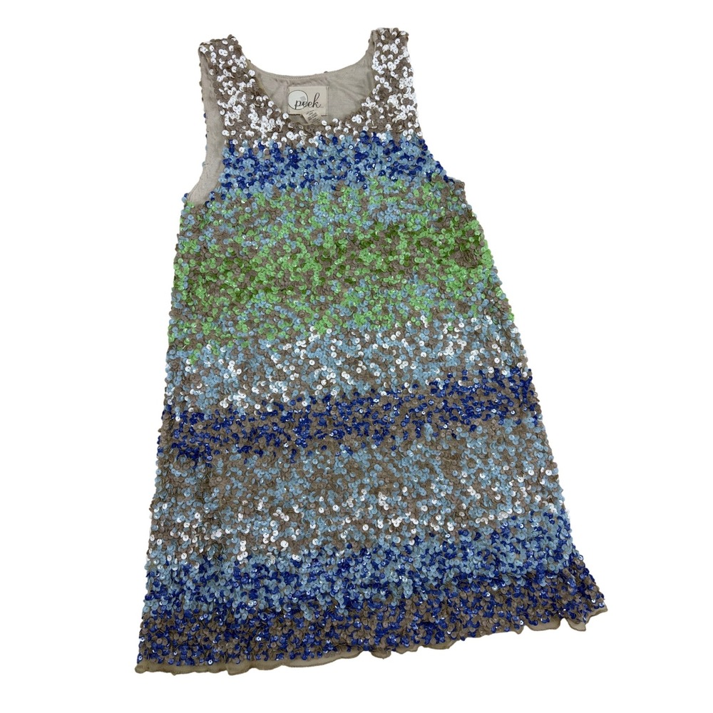 Peek Kids Girls Sequin Striped Shift Dress Blue Green Silver Tan Size 8